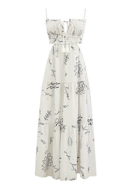 Bedrucktes Midi-Kleid aus Polyester mit Spaghettiträgern in Weiß
