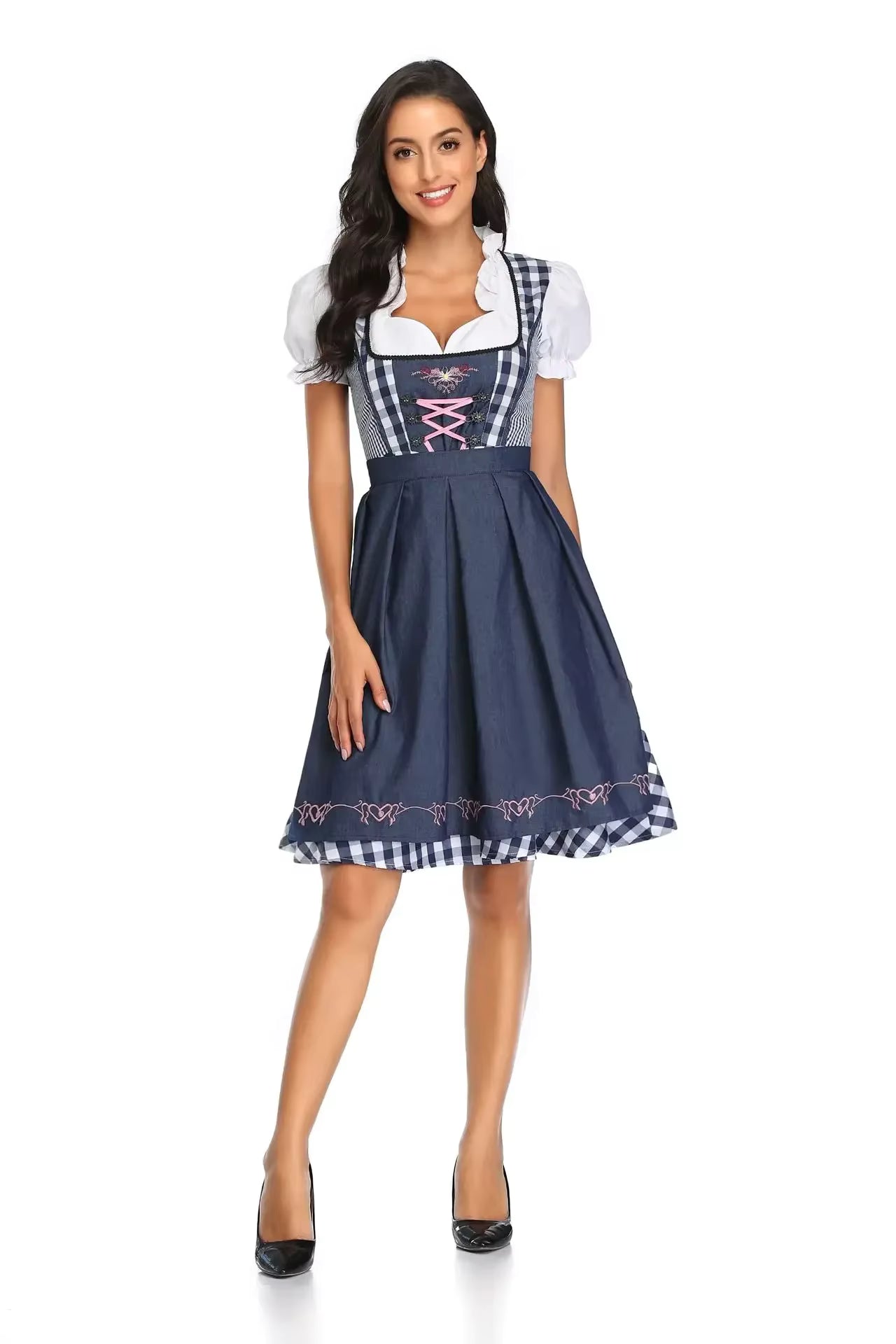 Damen Karo Oktoberfest Dirndlkleid mit Schürze