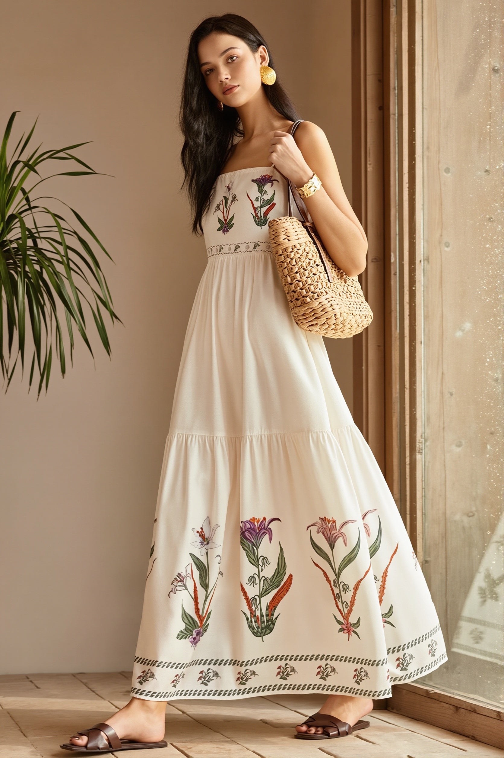 Seitenansicht eines Damen Maxikleids mit Blumenprint und trägerlosem Schnitt