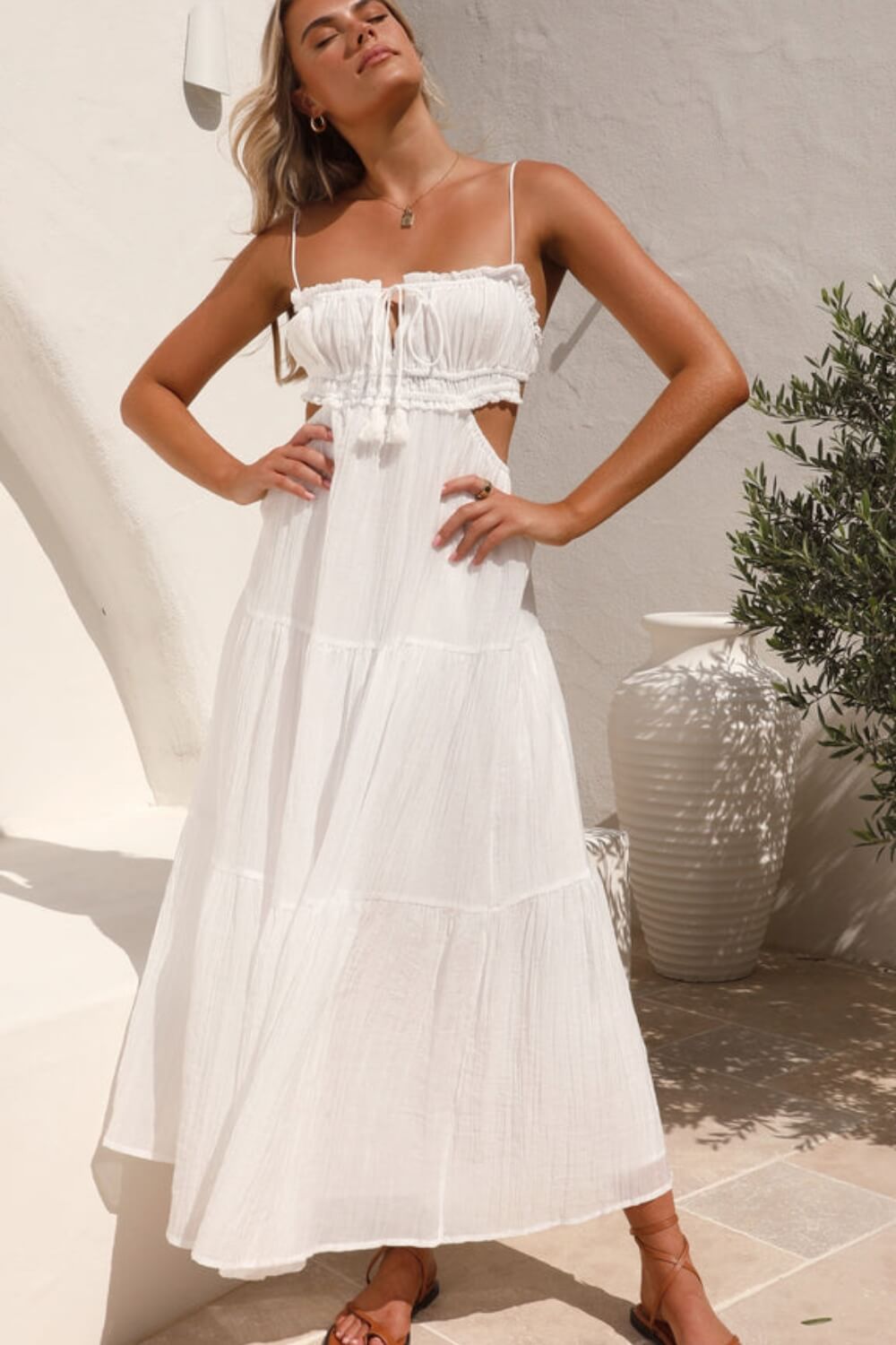Chiffon-Baumwollmischung verstellbares Träger-Midikleid