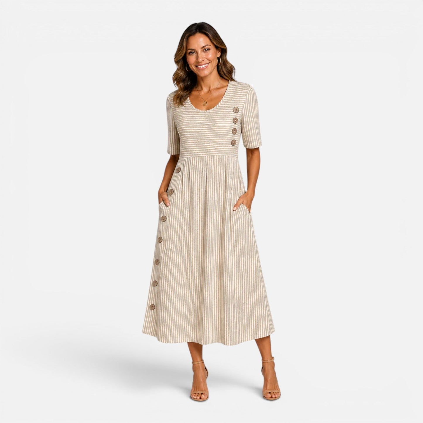 Gestreiftes Midikleid für Damen mit Knopfdetails und Taschen