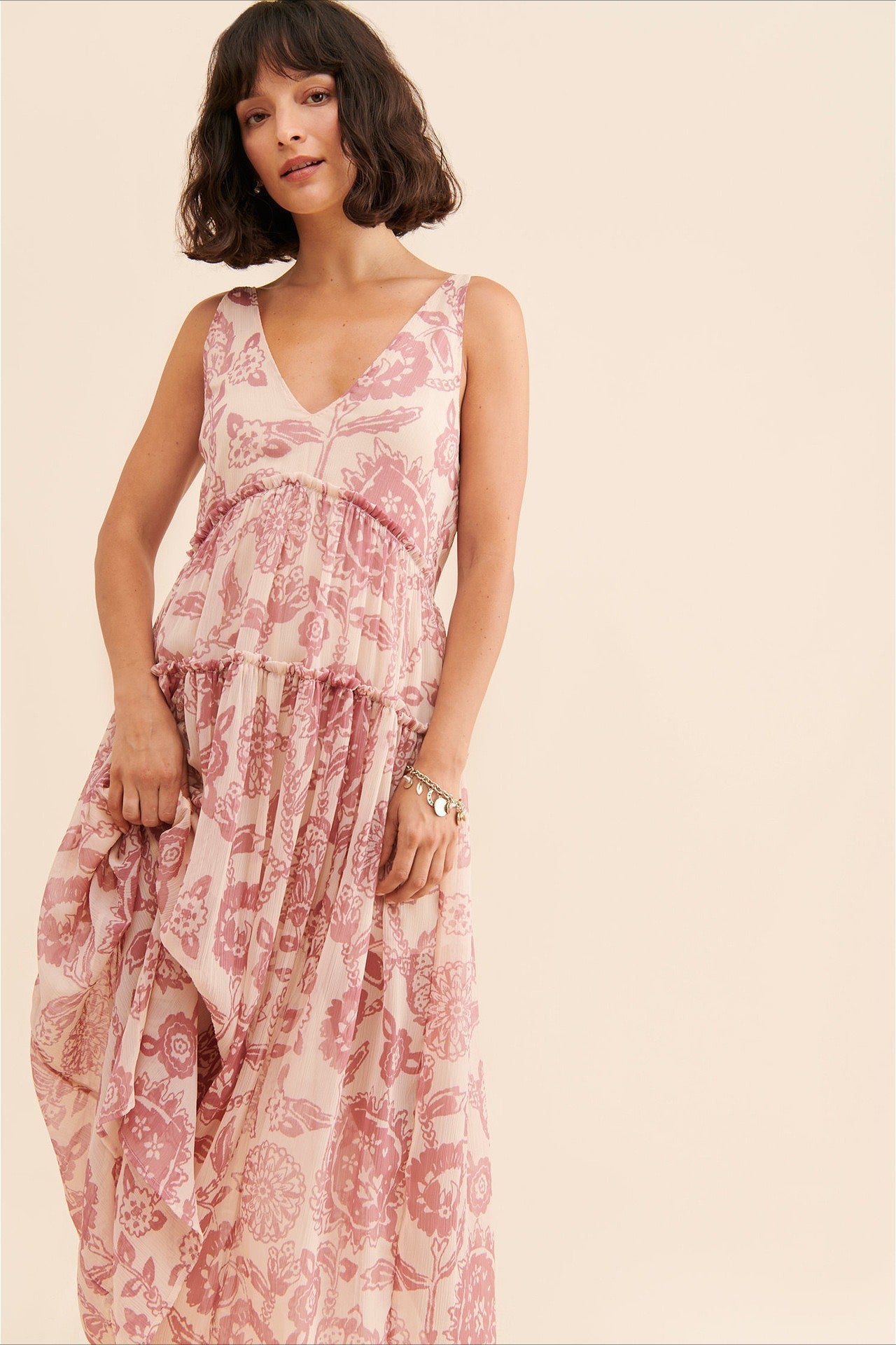 Ärmelloses langes Kleid für Damen mit Blumenprint, Nahaufnahme des Musters