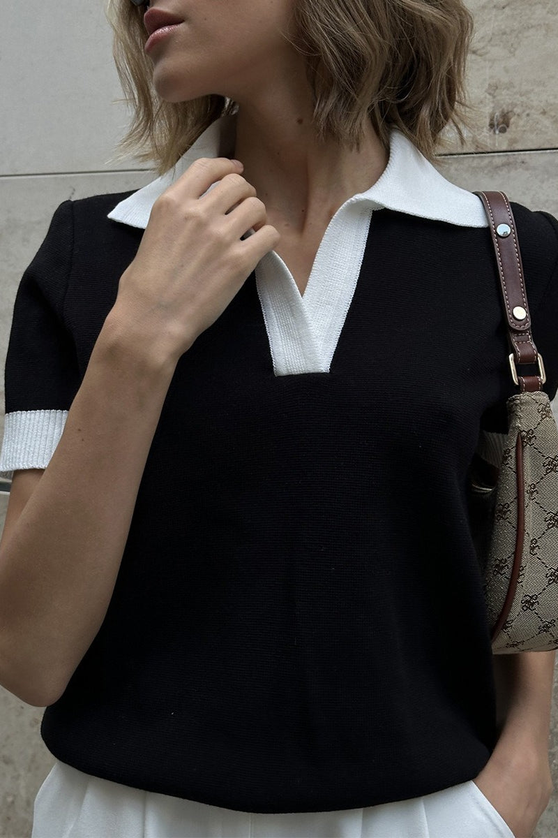 Damen-Strickpullover in Schwarz mit klassischer Polo-Ausschnittform