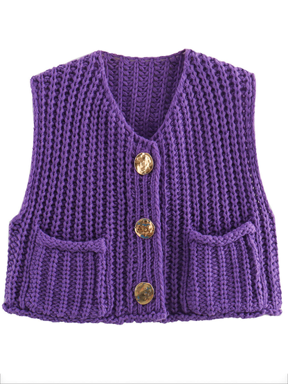 Damen Strickweste Ärmellos Mit Knopfleiste Und Taschen