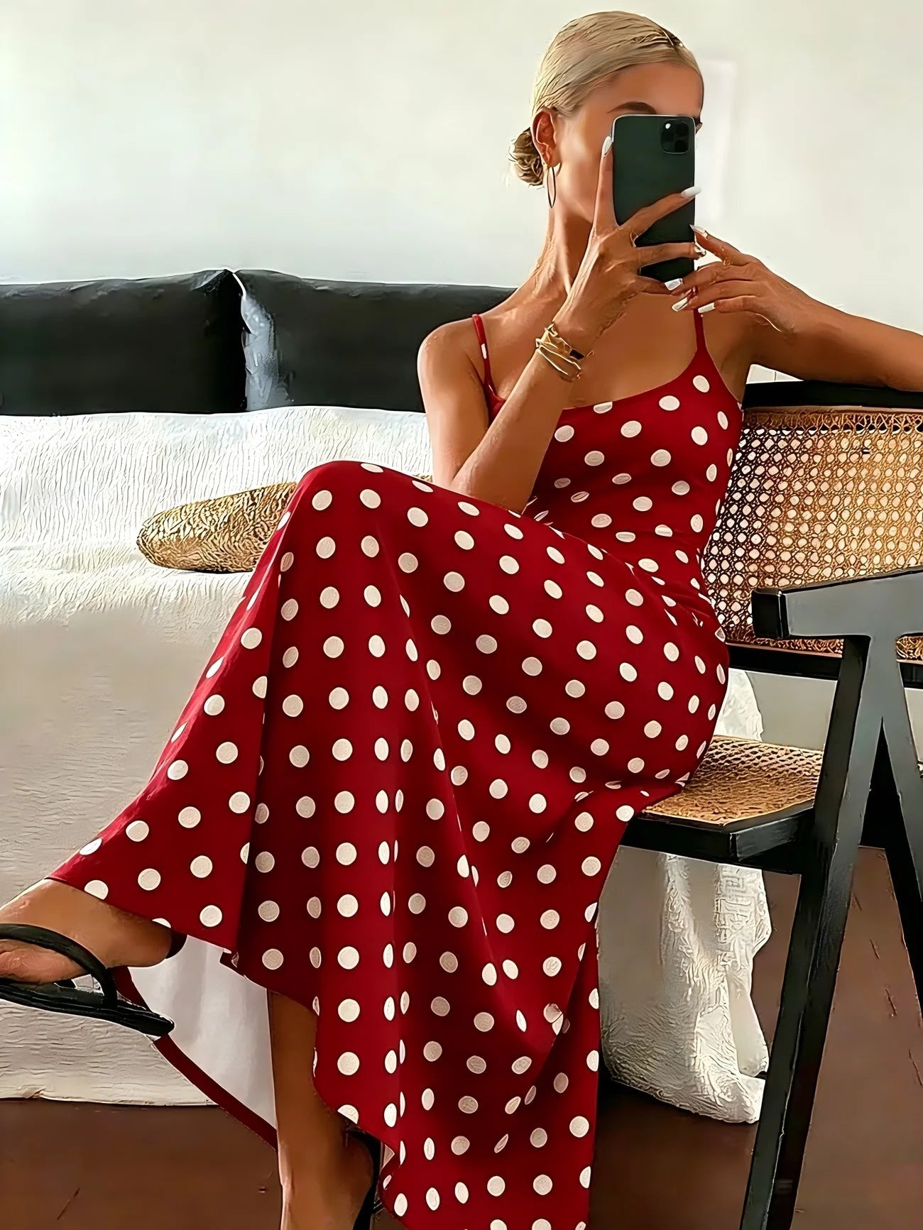 Ärmelloses eng anliegendes Midikleid aus Polyester mit Polka-Dots für Damen
