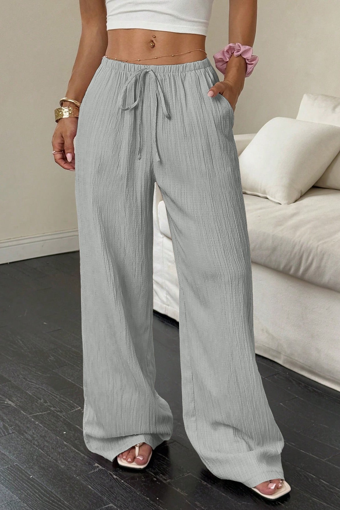 Damen Weite Hose Mit Struktur Und Knotendetail