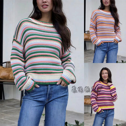 Damen-Strickpullover mit Streifen, Rundhalsausschnitt und lockerem Oversize-Schnitt