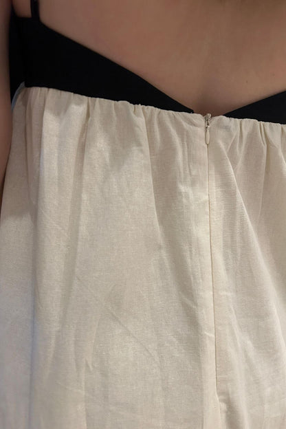 Leinenmischung Lässiges Midi-Kleid Schwarz und Weiß