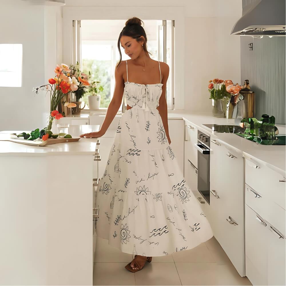 Bedrucktes Midi-Kleid aus Polyester mit Spaghettiträgern in Weiß
