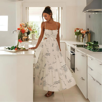 Bedrucktes Midi-Kleid aus Polyester mit Spaghettiträgern in Weiß
