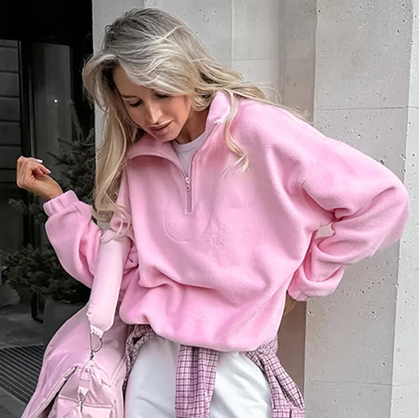 Damen-Fleece-Sweatshirt mit Reißverschluss, Stehkragen, lockerem Schnitt