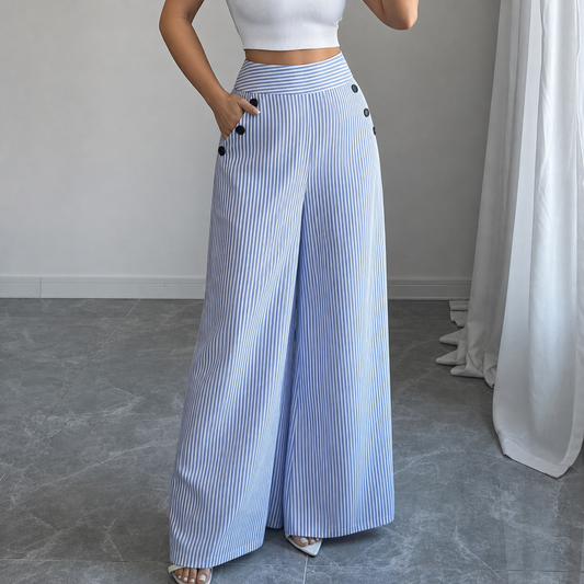Damen Leinenhose mit Streifen und hohem Bund in voller Ansicht