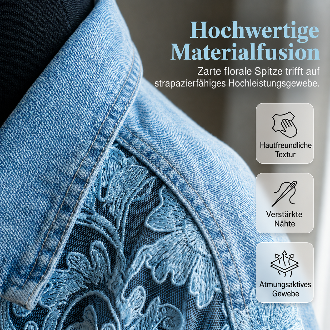 Nahaufnahme des Blumenmusters auf der lockeren Damen Jeansjacke