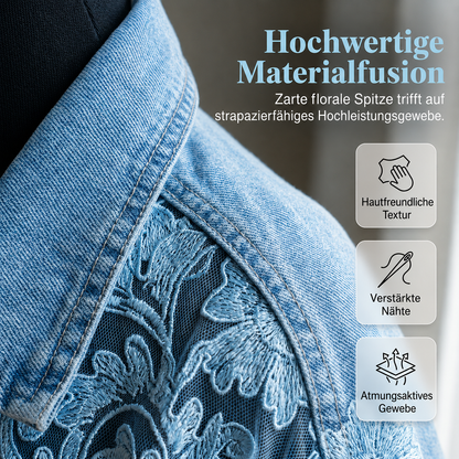 Nahaufnahme des Blumenmusters auf der lockeren Damen Jeansjacke