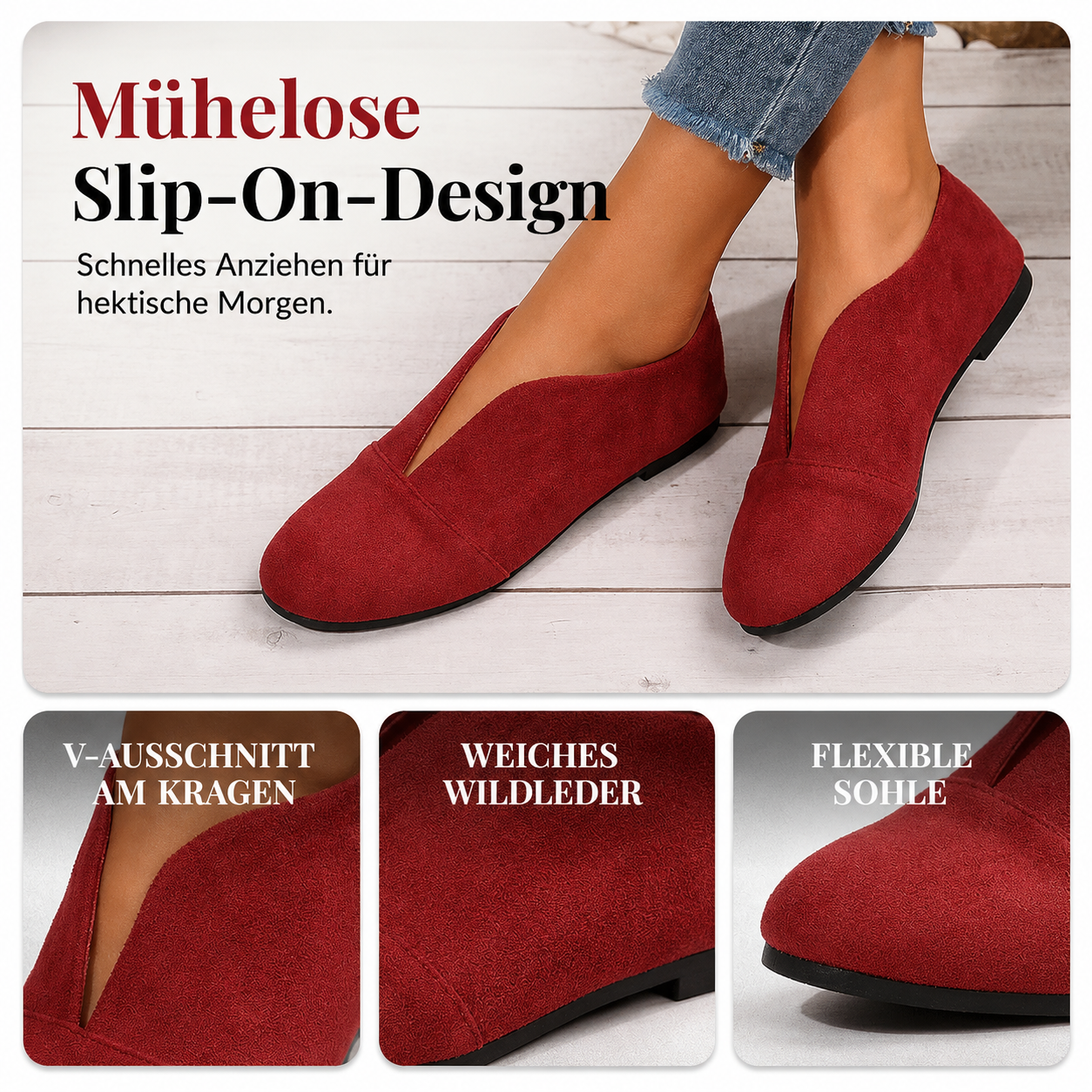 Nahaufnahme der flachen Sohle und Form der Damen Slipper