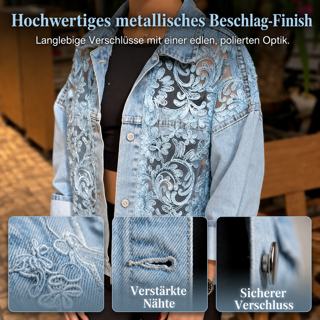 Lockere Damen Jeansjacke mit langen Ärmeln und floralem Design