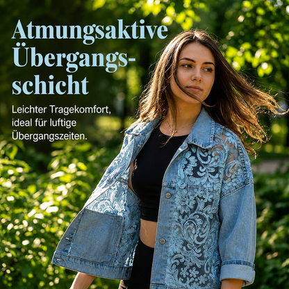 Damen Jeansjacke mit Blumenprint und klassischem Kragen im Detail
