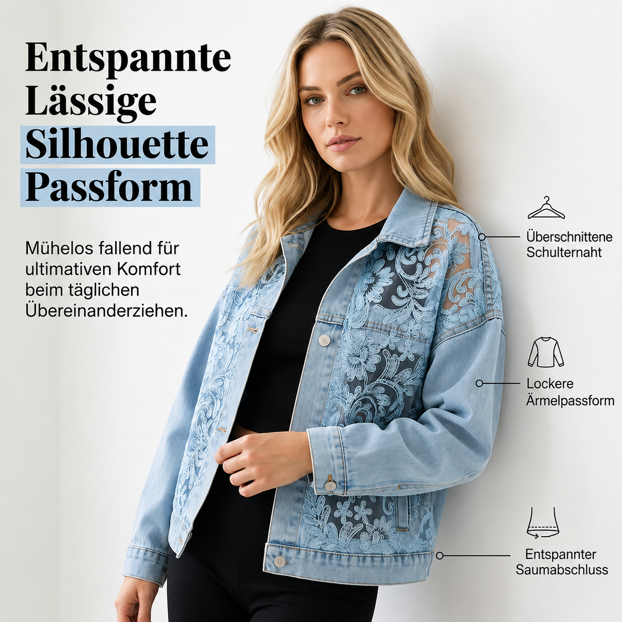 Rückansicht der Damen Jeansjacke mit Blumenmuster in lockerer Passform