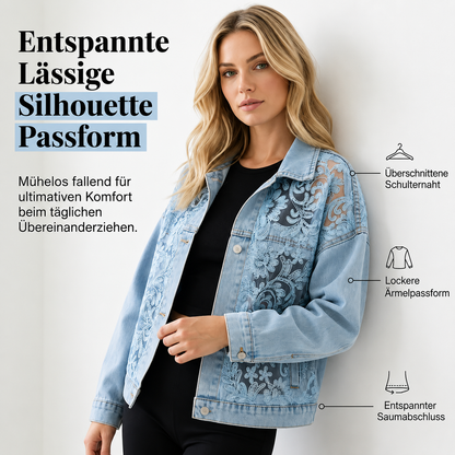 Rückansicht der Damen Jeansjacke mit Blumenmuster in lockerer Passform