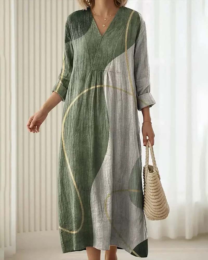 Damen Midikleid mit Farbblock-Design und V-Ausschnitt in frontaler Ansicht