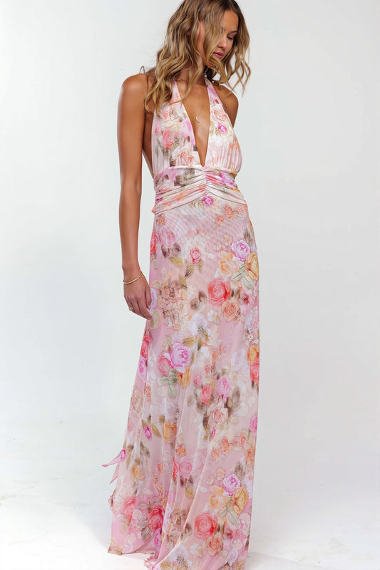 Damen Maxikleid mit Print, Halterneck und rückenfreiem Schnitt vorn gezeigt