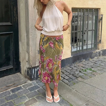 Damen High Waist Midirock mit Blumenmuster und Schlitz