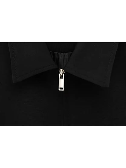 Damen Slim Revers Reißverschluss Kurzarm Mantel Set Schwarz