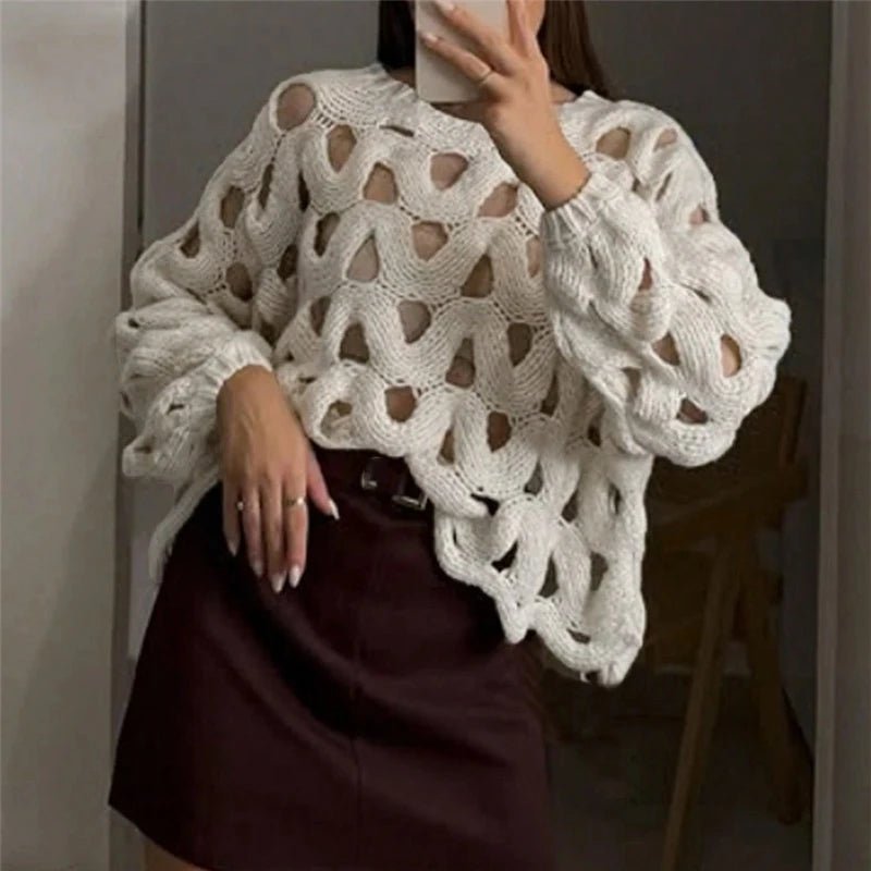 Langärmliger gehäkelter Strickpullover
