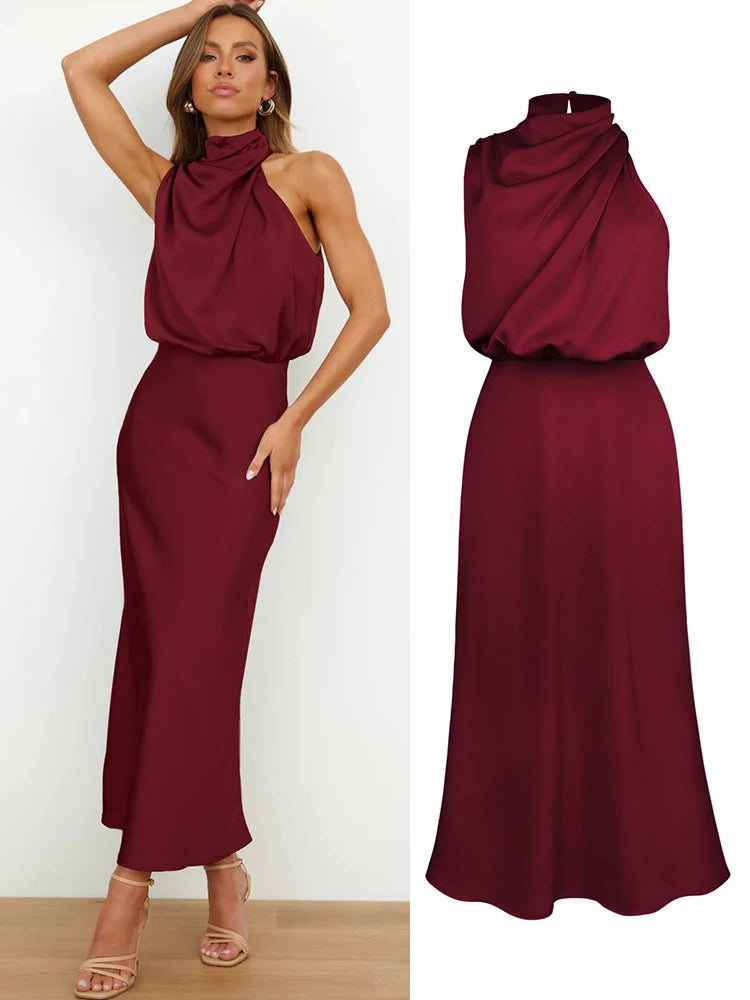 Damen Satin Midi Kleid mit asymmetrischem Ausschnitt