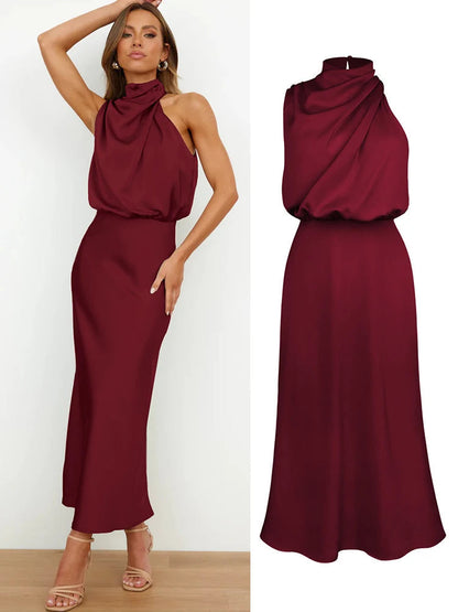 Damen Satin Midi Kleid mit asymmetrischem Ausschnitt