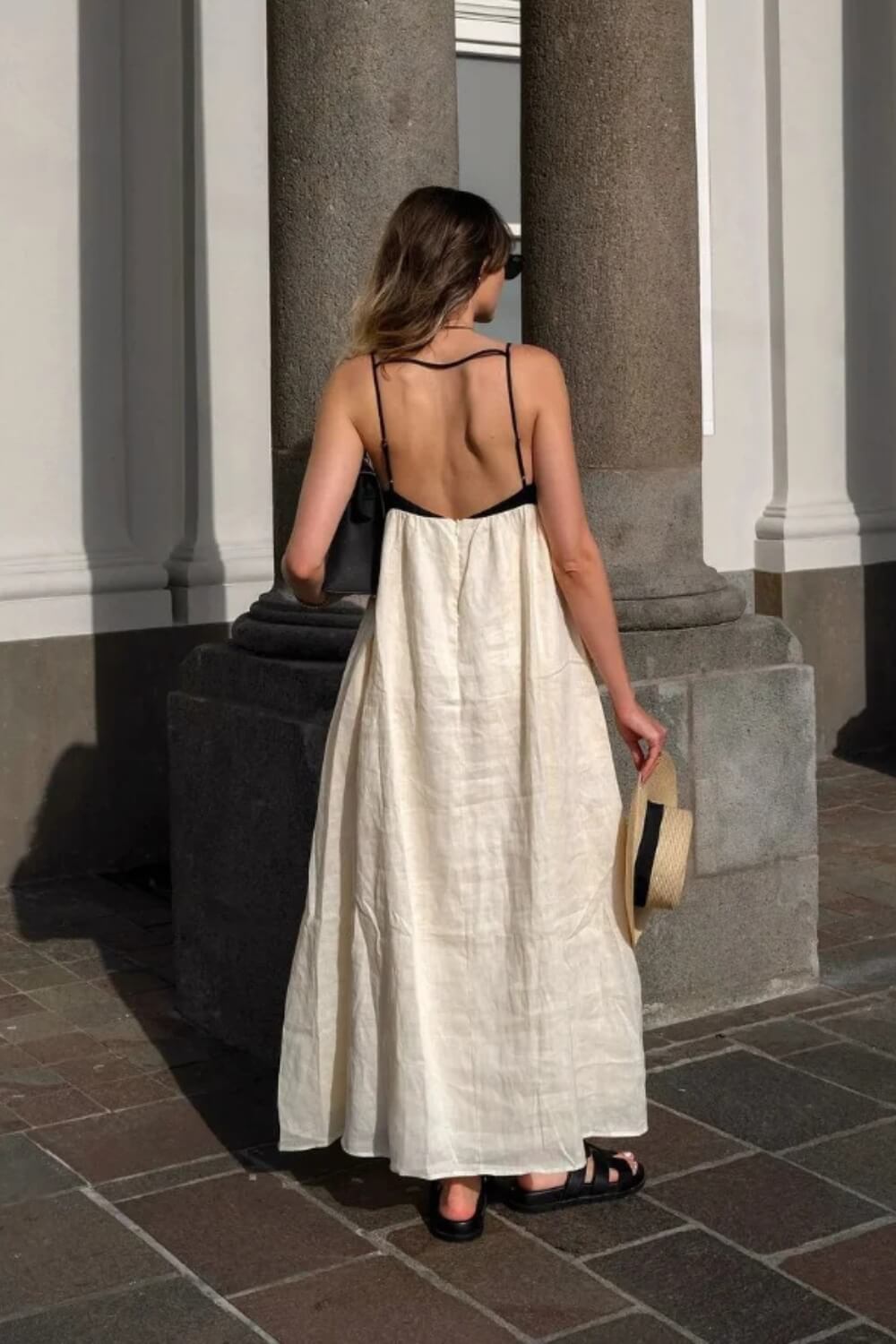 Leinenmischung Lässiges Midi-Kleid Schwarz und Weiß