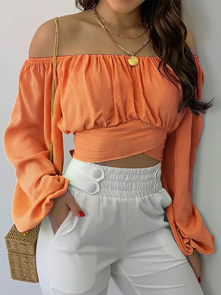 Damen Schulterfreie Kurzbluse mit Ballonärmeln