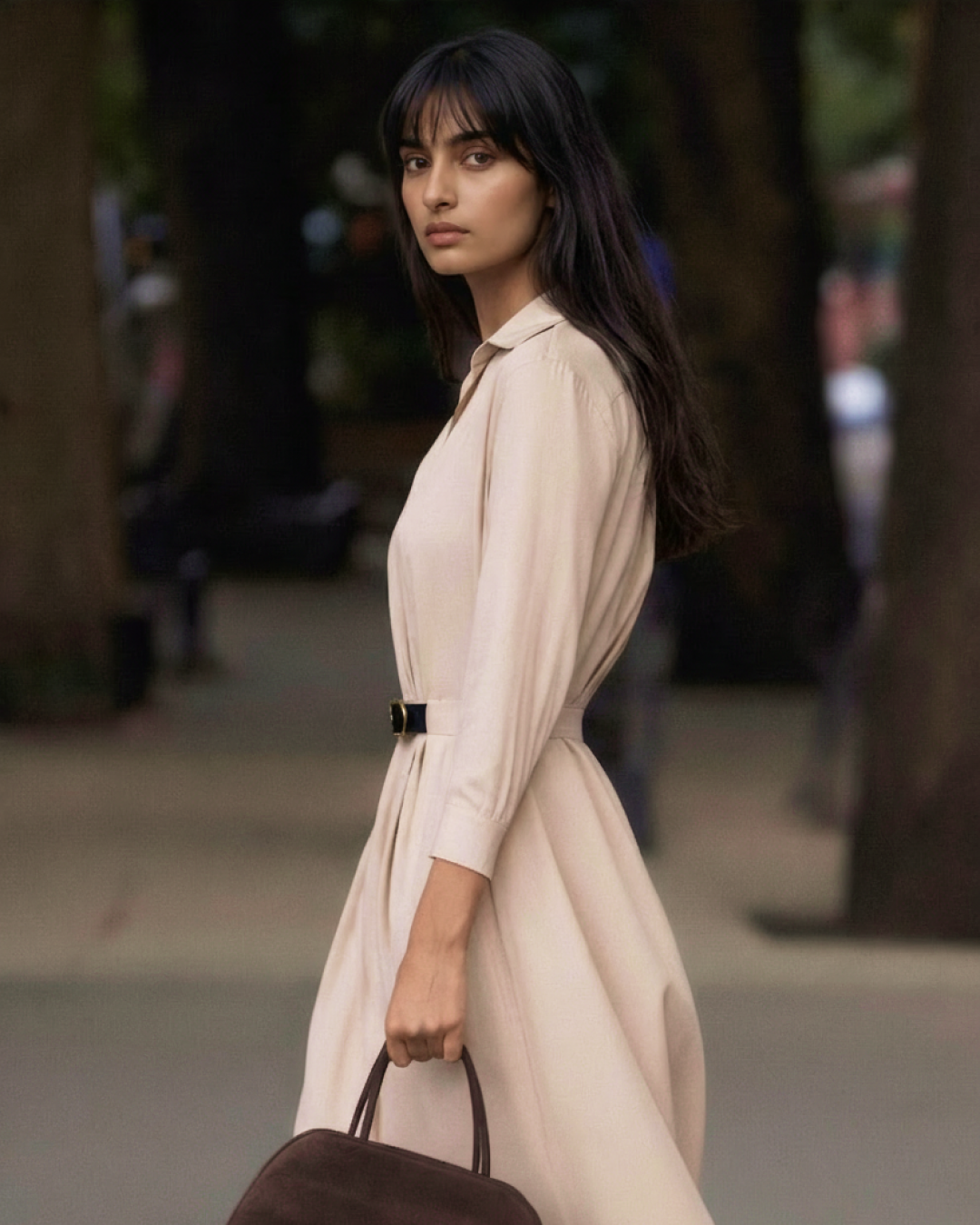 Midi-Kleid aus Baumwollmischung in Beige