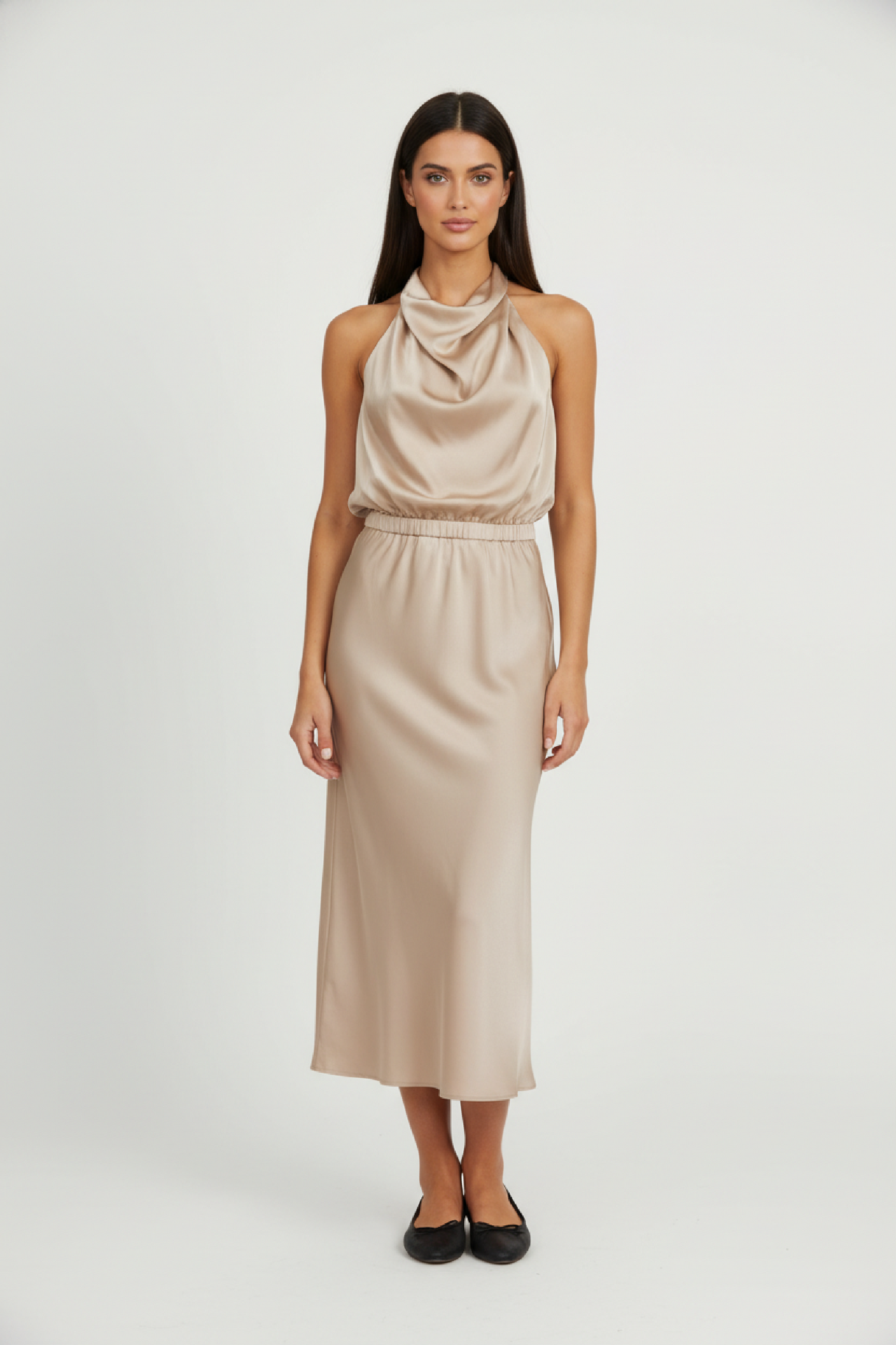 Damen Satin Midi Kleid mit asymmetrischem Ausschnitt
