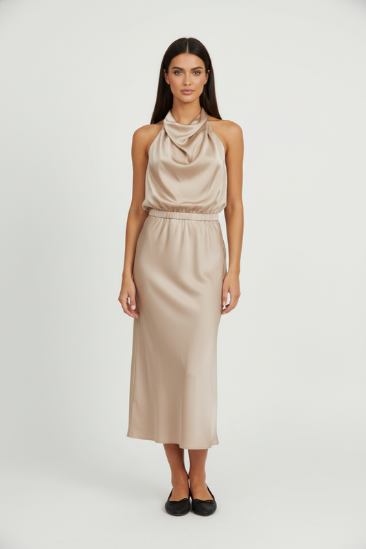Damen Satin Midi Kleid mit asymmetrischem Ausschnitt