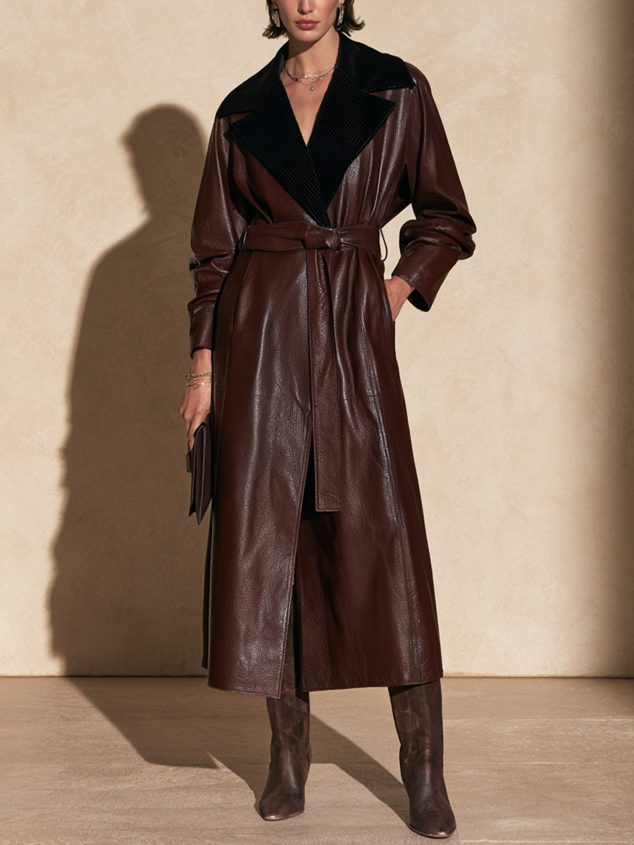 Damen Trenchcoat Aus Kunstleder Mit Kontrastkragen Schokobraun