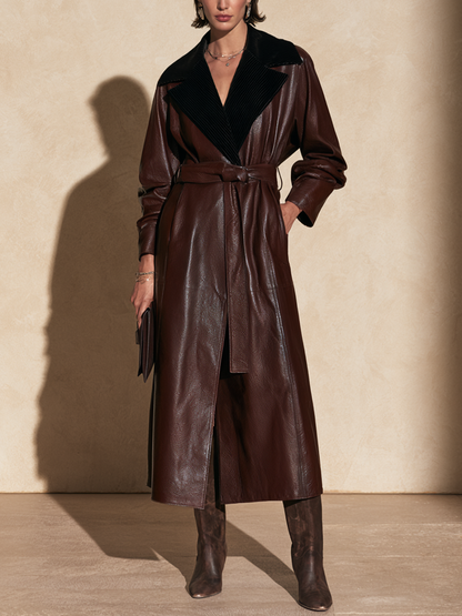 Damen Trenchcoat Aus Kunstleder Mit Kontrastkragen Schokobraun