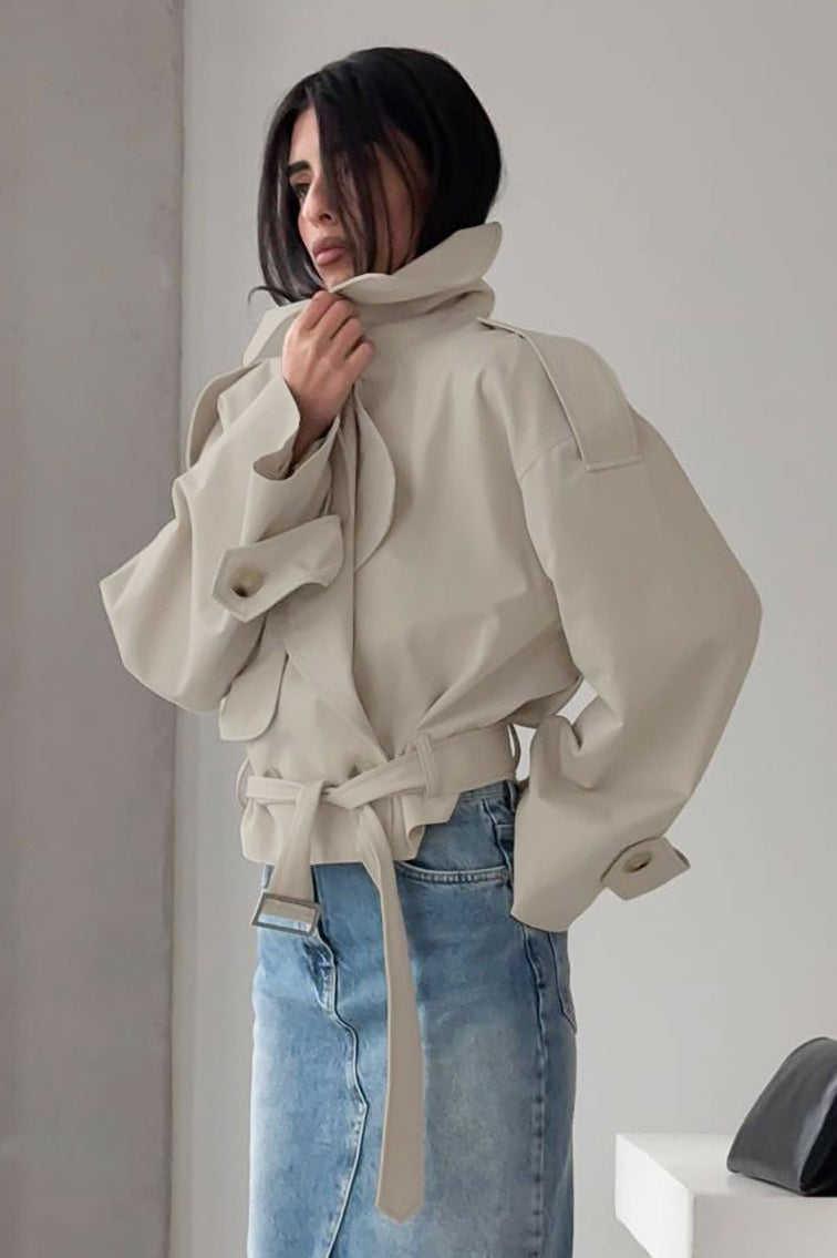 Damen Kurzjacke Mit Gürtel Und Reverskragen