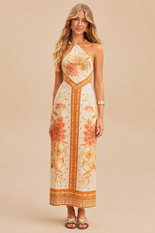 Damen Midikleid mit Blumenprint und Neckholder in Boho-Optik, Vorderansicht