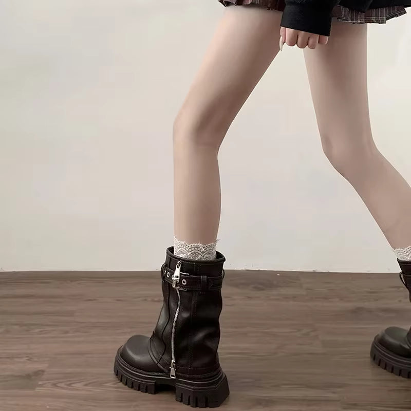 Women's Biker Boots Platform Flat Buckle Ankle Boots