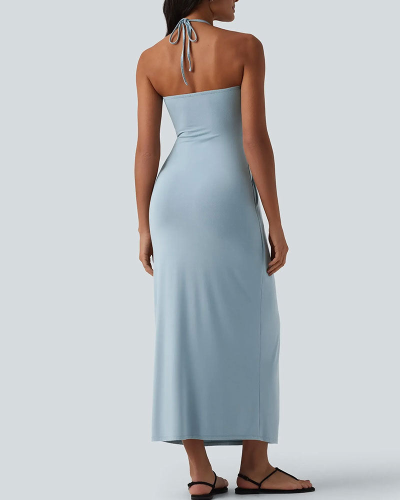 Damen-Maxikleid mit Halterneck und drapierter Wickeloptik in Rückenansicht