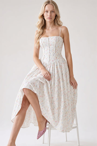 Damen-Maxikleid mit Blumenprint und schmalen Trägern in Vorderansicht