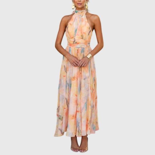 Damen-Maxikleid mit Wasserfarben-Print und Neckholder in fließender Silhouette