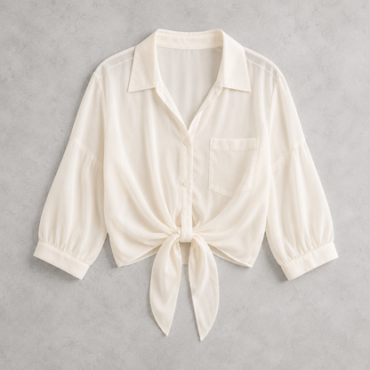 Damen Leinenbluse Aus Voile Mit Bindeband Vorne