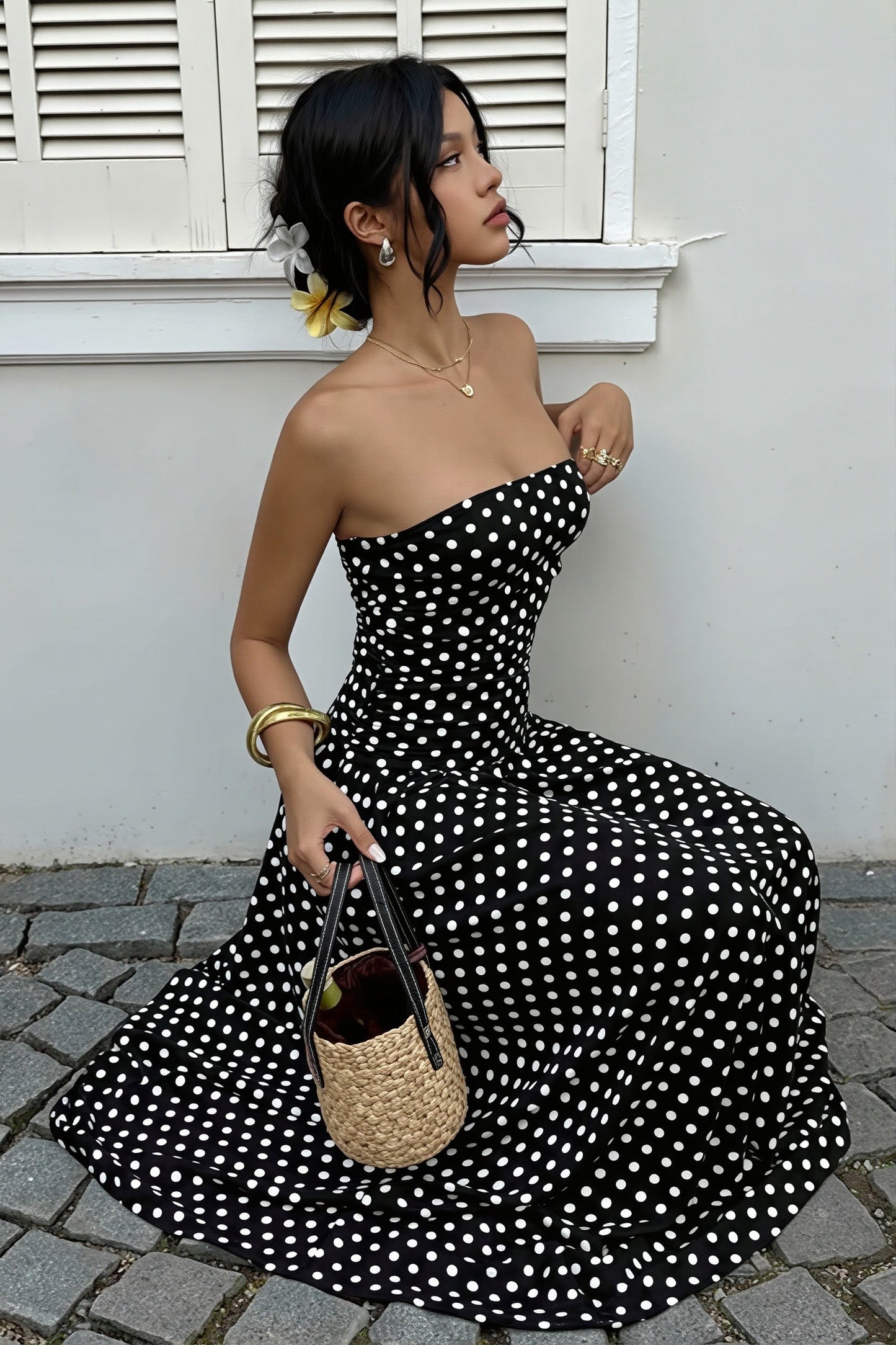 Damen Maxikleid Mit Punkten Trägerlos Figurbetont