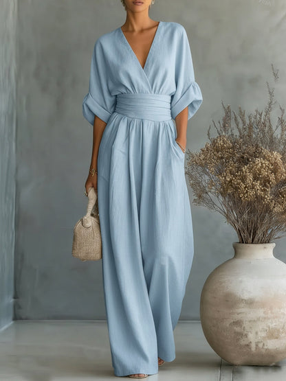 Eleganter V-Ausschnitt Jumpsuit mit hoher Taille und lockerem Sitz für Damen