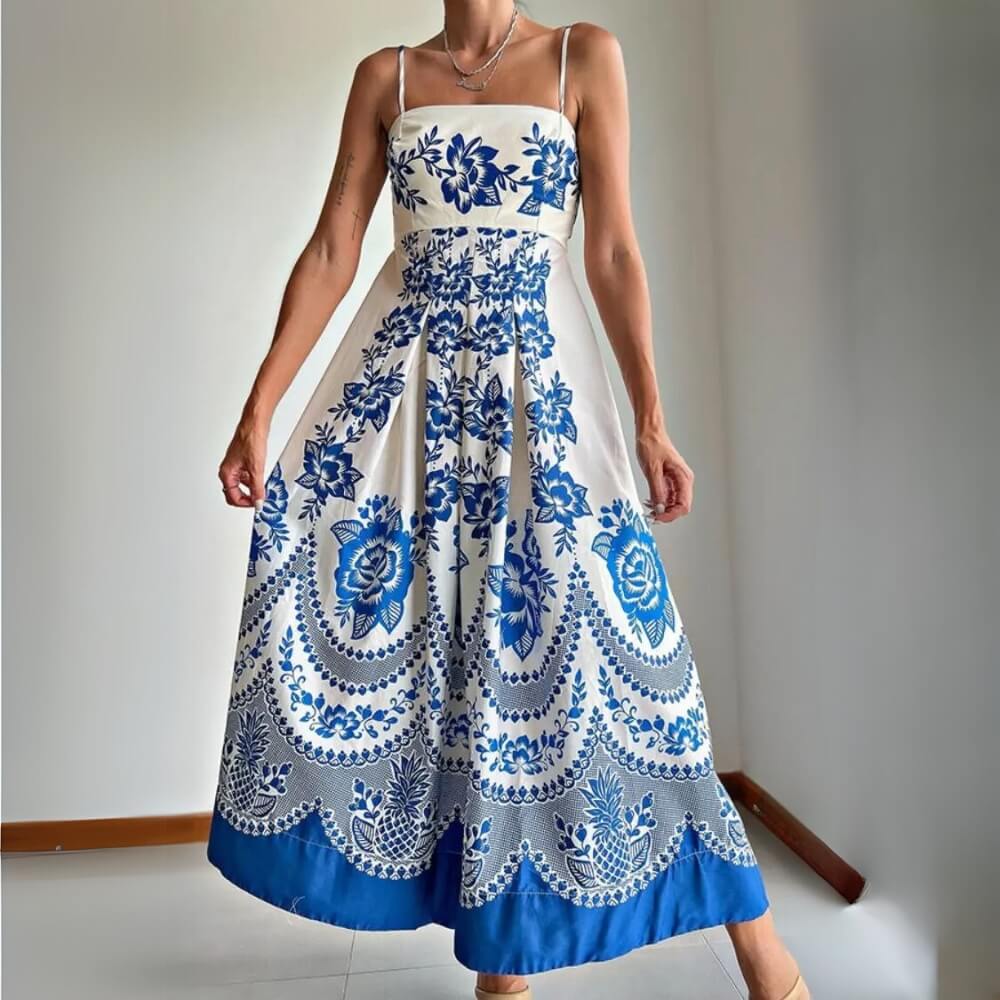 Polyester Spaghetti-Träger Midikleid Blau