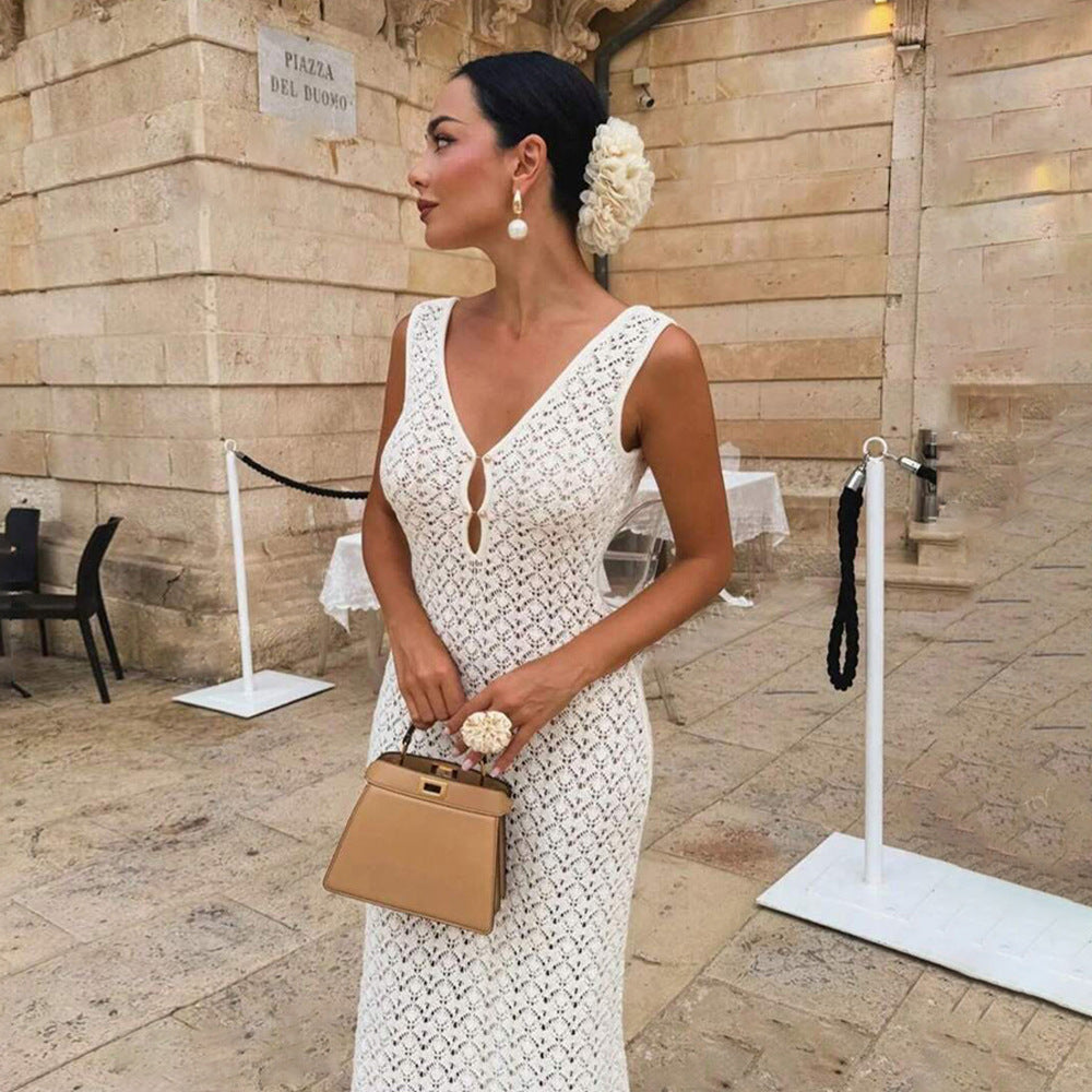 Häkelstrick Maxikleid mit offenem Rücken Weiß