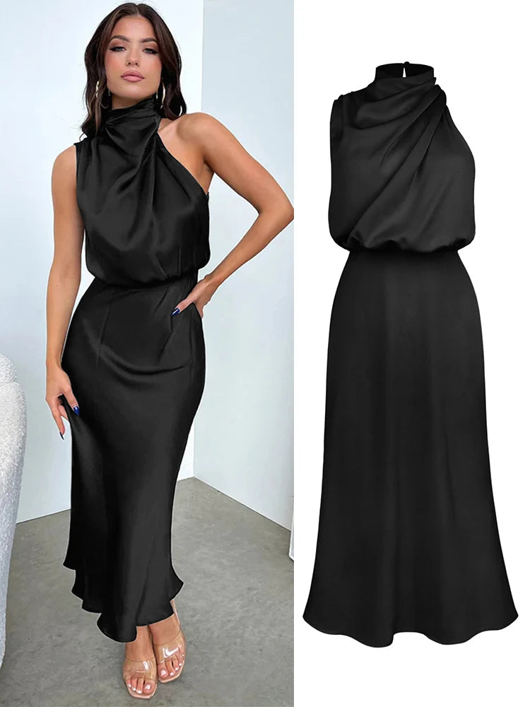Damen Satin Midi Kleid mit asymmetrischem Ausschnitt