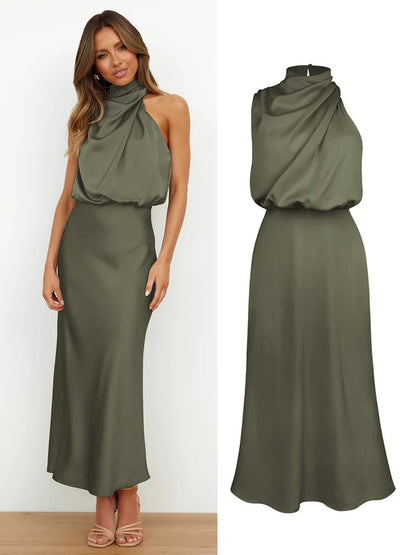 Damen Satin Midi Kleid mit asymmetrischem Ausschnitt